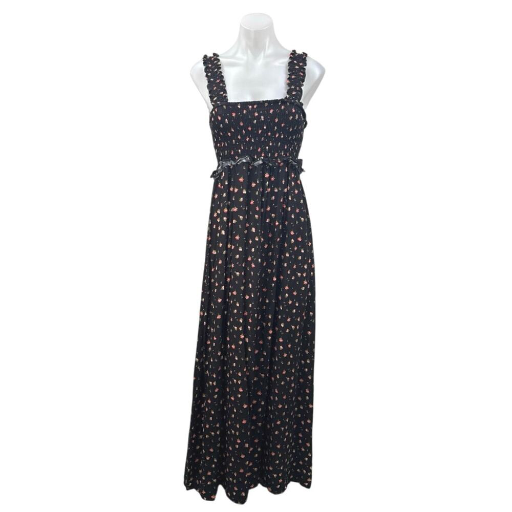 Topshop Women's Black Floral Sleeveless Smocked Ruffle Cami Maxi Dress Size XS
